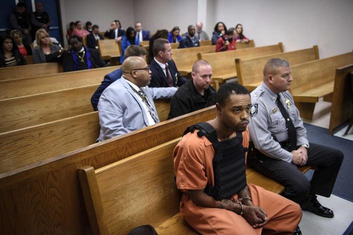 Michael Ray McLellan, 34, sits in court for his first appearance on charges of the kidnapping and murder of 13-year-old Hania Noelia Aguilar on Monday, Dec. 10, 2018, in Lumberton, N.C.